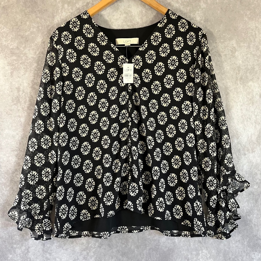 Loft Blouse Women S Black Whit Medallion Ruffle Cuff Long Sleeve Chiffon Top NEW